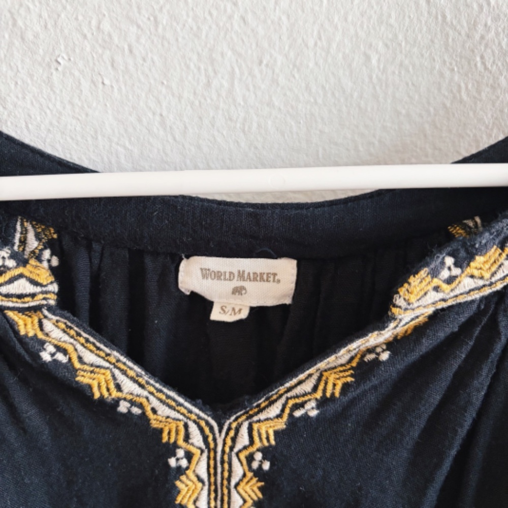 World Market Black Boho Blouse with White and Yellow Embroidery - Picture 3 of 9
